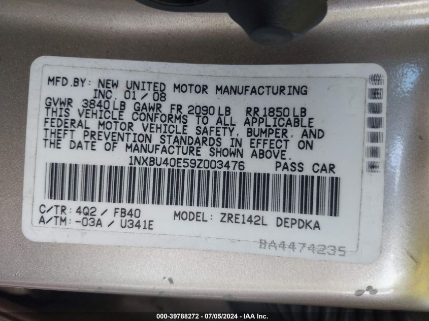 2009 Toyota Corolla Le VIN: 1NXBU40E59Z003476 Lot: 39788272