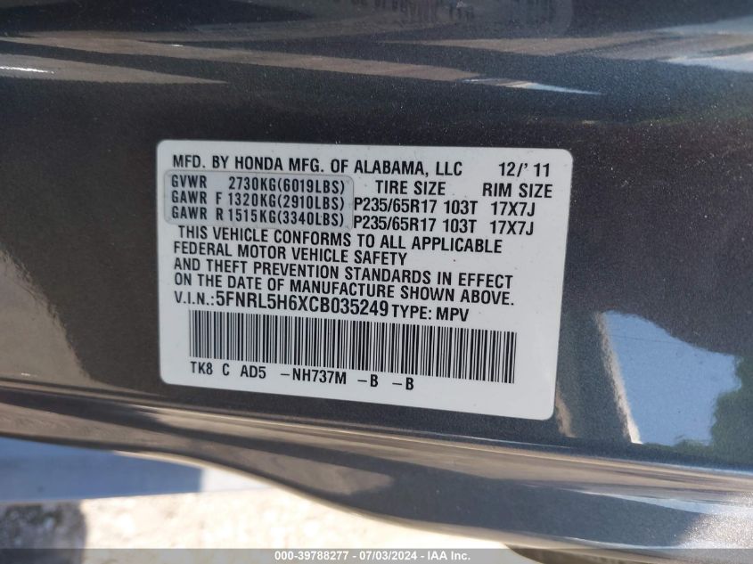 2012 Honda Odyssey Ex-L VIN: 5FNRL5H6XCB035249 Lot: 39788277