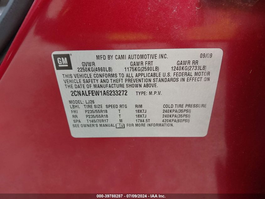 2010 Chevrolet Equinox Ltz VIN: 2CNALFEW1A6233272 Lot: 39788287