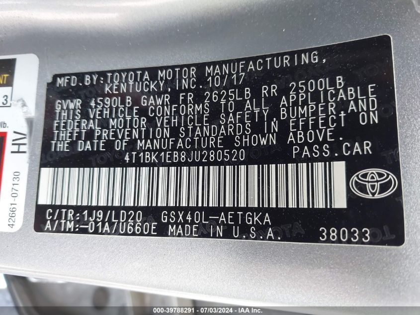2018 Toyota Avalon Xle VIN: 4T1BK1EB8JU280520 Lot: 39788291