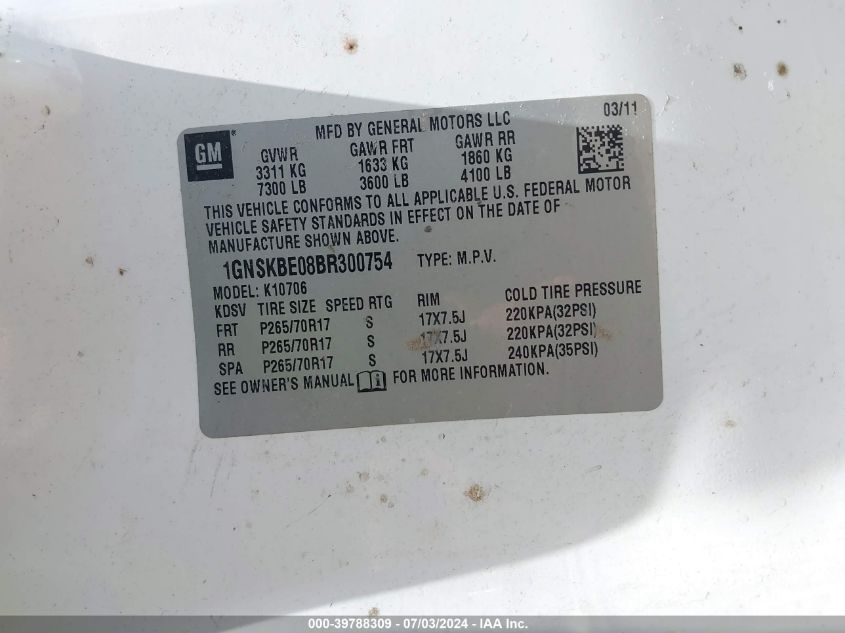2011 Chevrolet Tahoe K1500 Lt VIN: 1GNSKBE08BR300754 Lot: 39788309