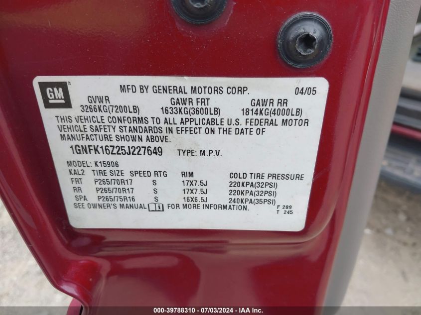 2005 Chevrolet Suburban 1500 Lt VIN: 1GNFK16Z25J227649 Lot: 39788310