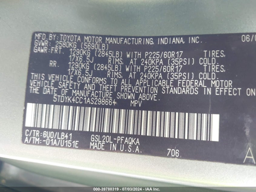 2010 Toyota Sienna Xle VIN: 5TDYK4CC1AS298664 Lot: 39788319