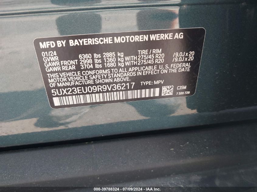 2024 BMW X5 xDrive40I VIN: 5UX23EU09R9V36217 Lot: 39788324