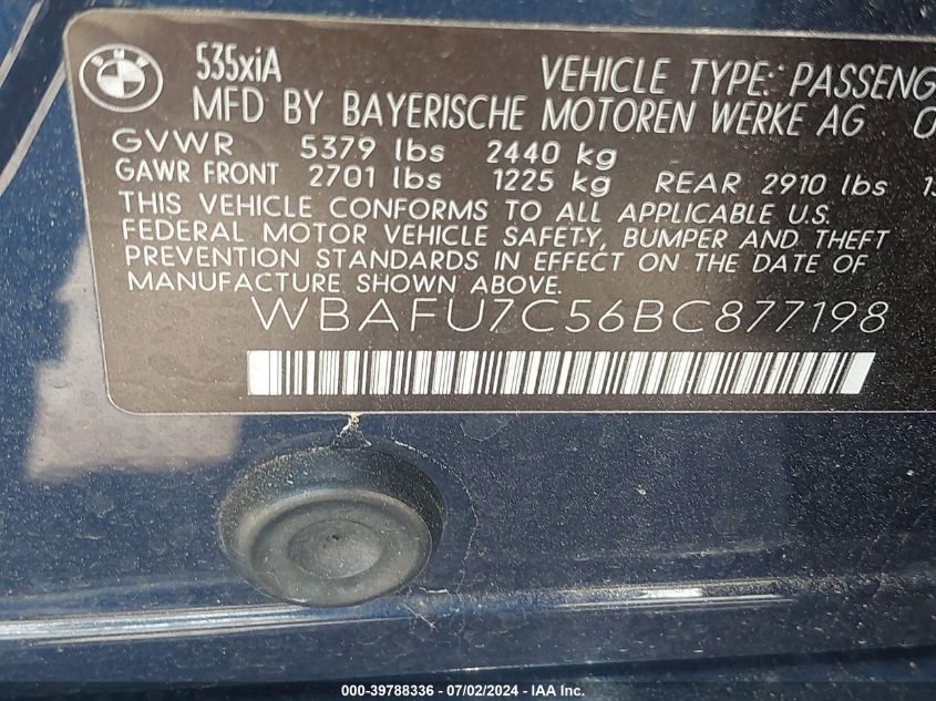 2011 BMW 535I xDrive VIN: WBAFU7C56BC877198 Lot: 39788336