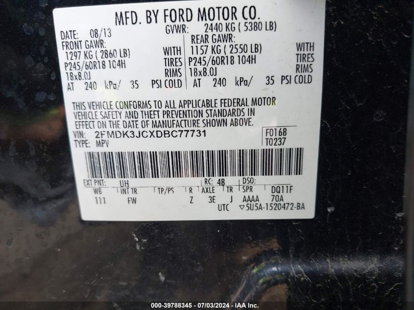 2013 Ford Edge Sel VIN: 2FMDK3JCXDBC77731 Lot: 39788345