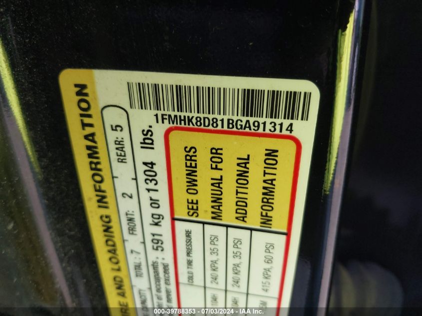 2011 Ford Explorer Xlt VIN: 1FMHK8D81BGA91314 Lot: 39788353