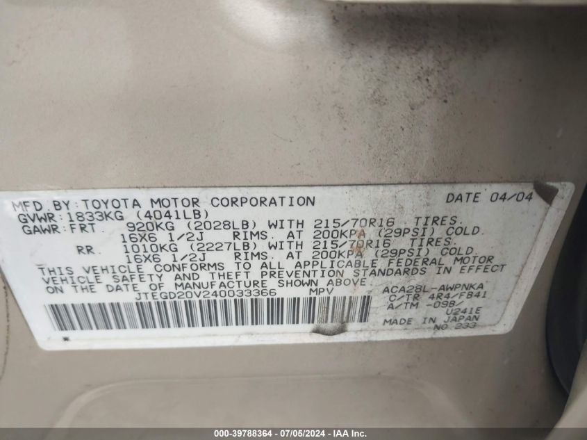 2004 Toyota Rav4 VIN: JTEGD20V240033366 Lot: 39788364