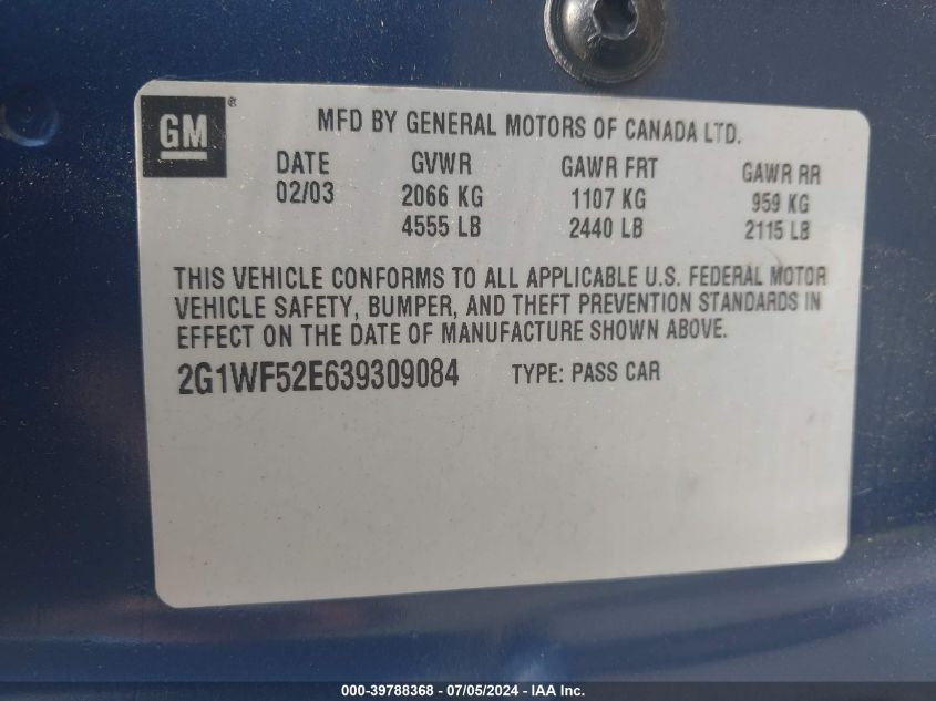 2003 Chevrolet Impala VIN: 2G1WF52E639309084 Lot: 39788368
