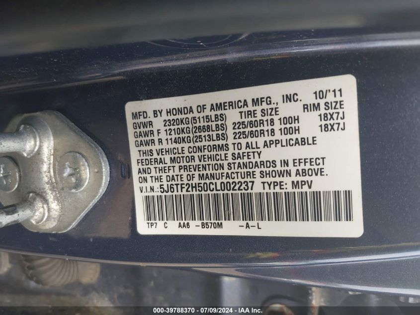 2012 Honda Crosstour Exl VIN: 5J6TF2H50CL002237 Lot: 39788370