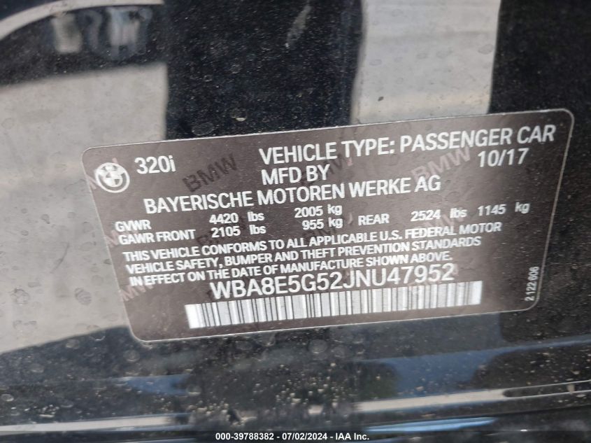 2018 BMW 320I xDrive VIN: WBA8E5G52JNU47952 Lot: 39788382