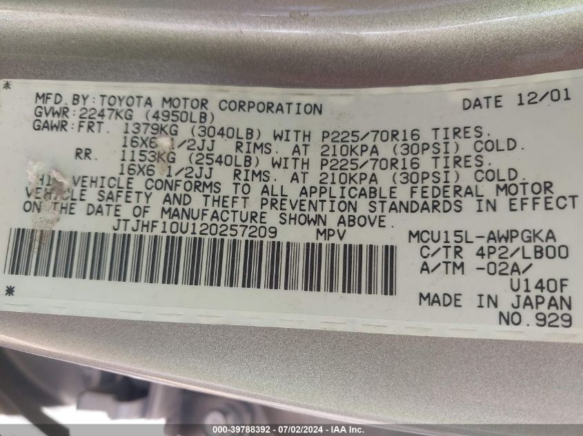 2002 Lexus Rx 300 300 VIN: JTJHF10U120257209 Lot: 39788392