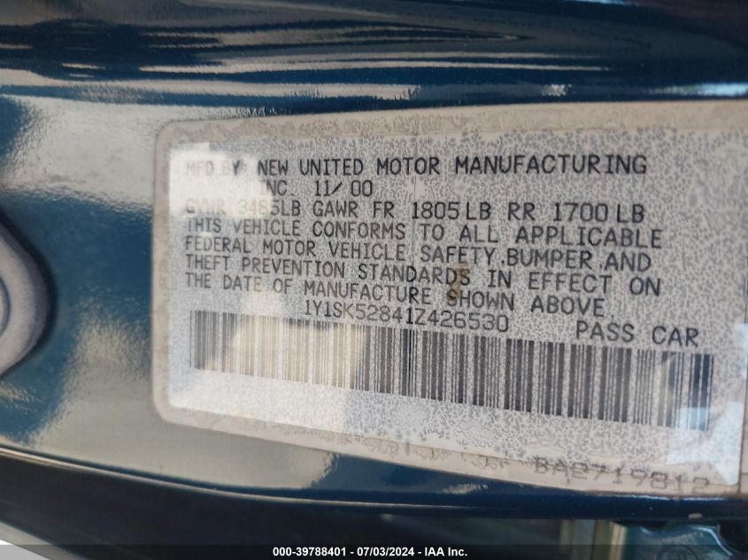 2001 Chevrolet Geo Prizm Lsi VIN: 1Y1SK52841Z426530 Lot: 39788401