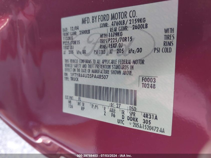 2005 Ford Ranger Super Cab VIN: 1FTYR44U35PA48507 Lot: 39788403