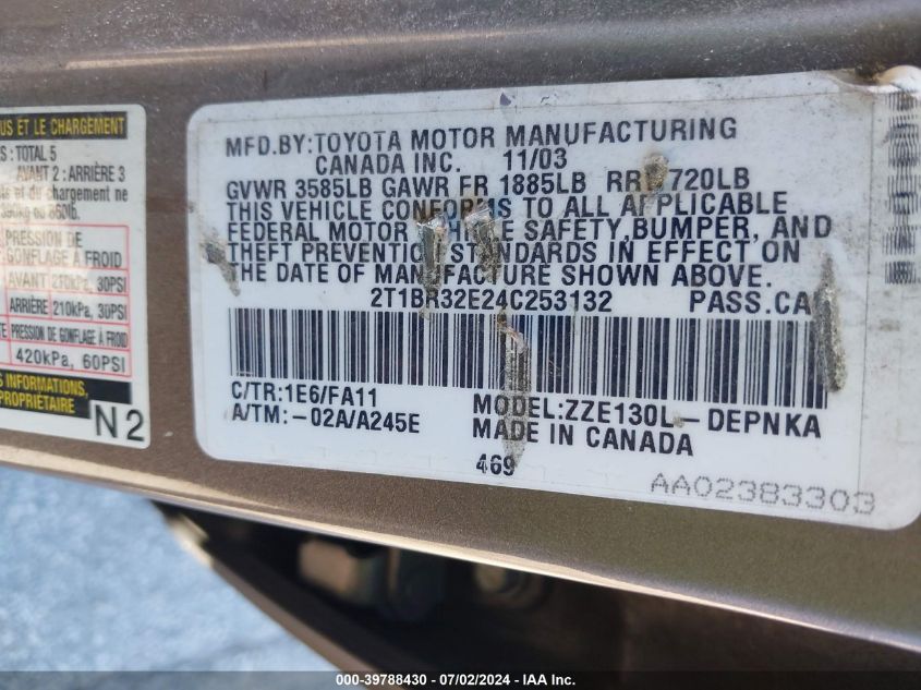 2004 Toyota Corolla Le VIN: 2T1BR32E24C253132 Lot: 39788430