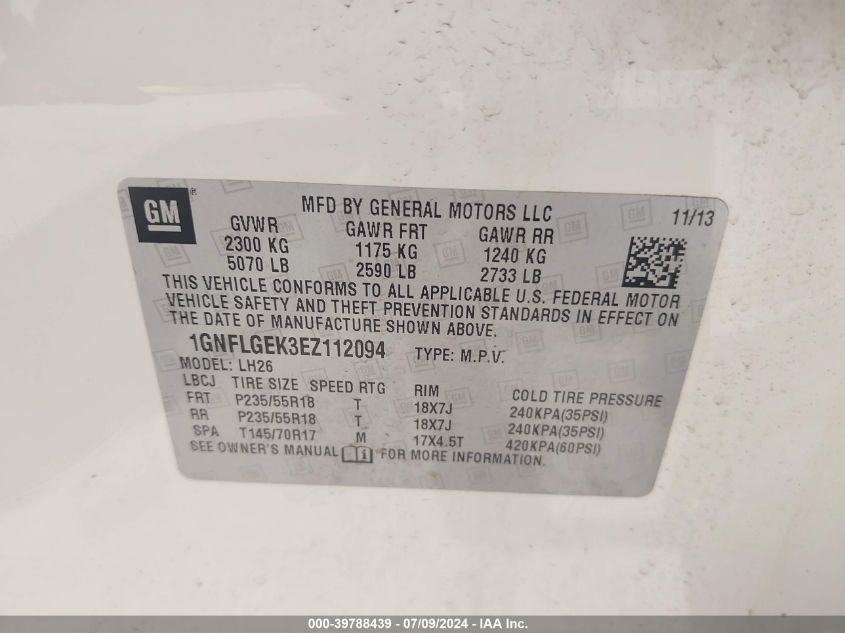 2014 Chevrolet Equinox 2Lt VIN: 1GNFLGEK3EZ112094 Lot: 39788439