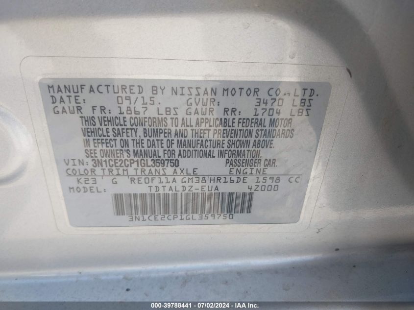 3N1CE2CP1GL359750 2016 Nissan Versa Note S (Sr)/S Plus/Sl/Sr/Sv