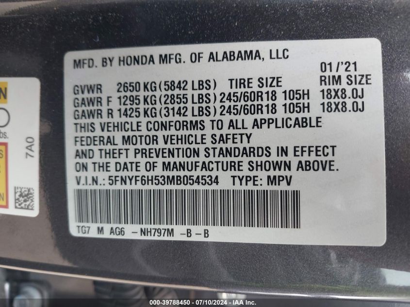 2021 Honda Pilot Awd Ex-L VIN: 5FNYF6H53MB054534 Lot: 39788450