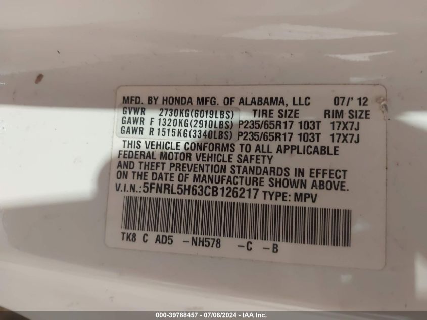 2012 Honda Odyssey Ex-L VIN: 5FNRL5H63CB126217 Lot: 39788457