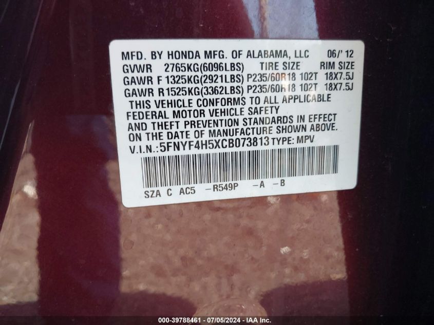 2012 Honda Pilot Ex-L VIN: 5FNYF4H5XCB073813 Lot: 39788461