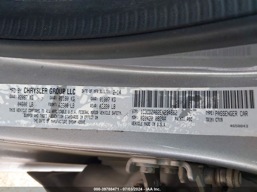 2014 Dodge Avenger Se VIN: 1C3CDZAB2EN234662 Lot: 39788471