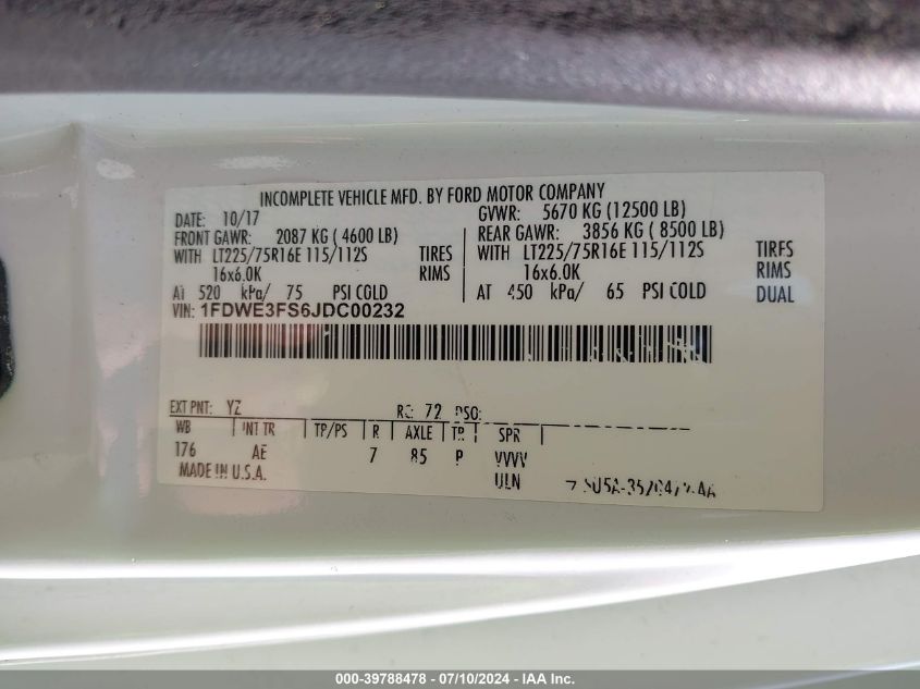 2018 Ford Econoline E350 Super Duty Ctway Van VIN: 1FDWE3FS6JDC00232 Lot: 39788478