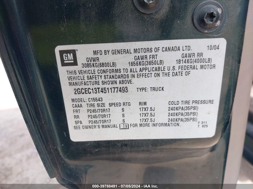 2005 Chevrolet Silverado 1500 Ls VIN: 2GCEC13T451177493 Lot: 39788491