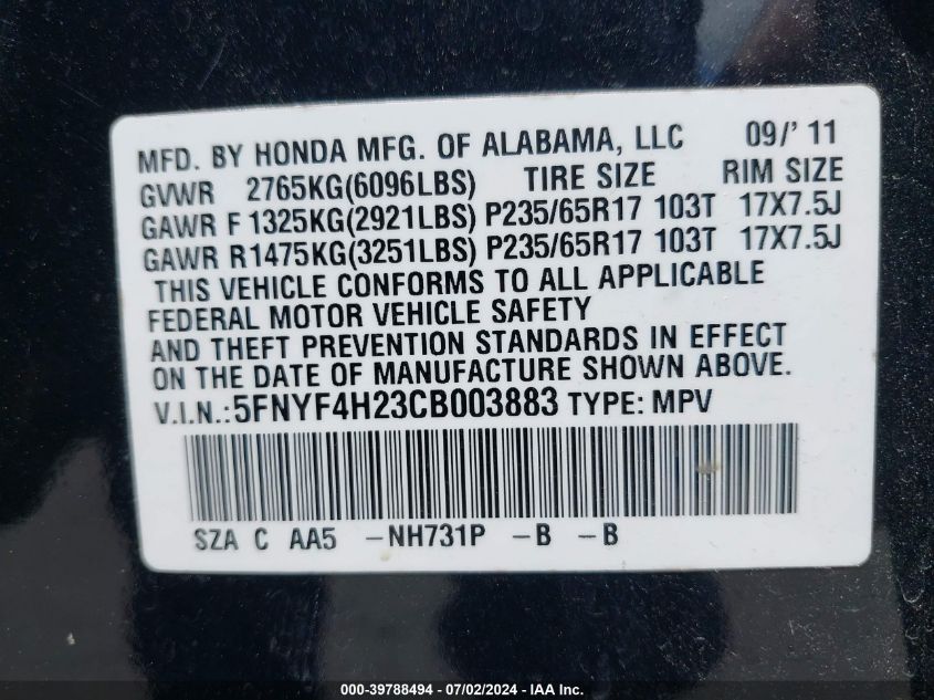 2012 Honda Pilot Lx VIN: 5FNYF4H23CB003883 Lot: 39788494