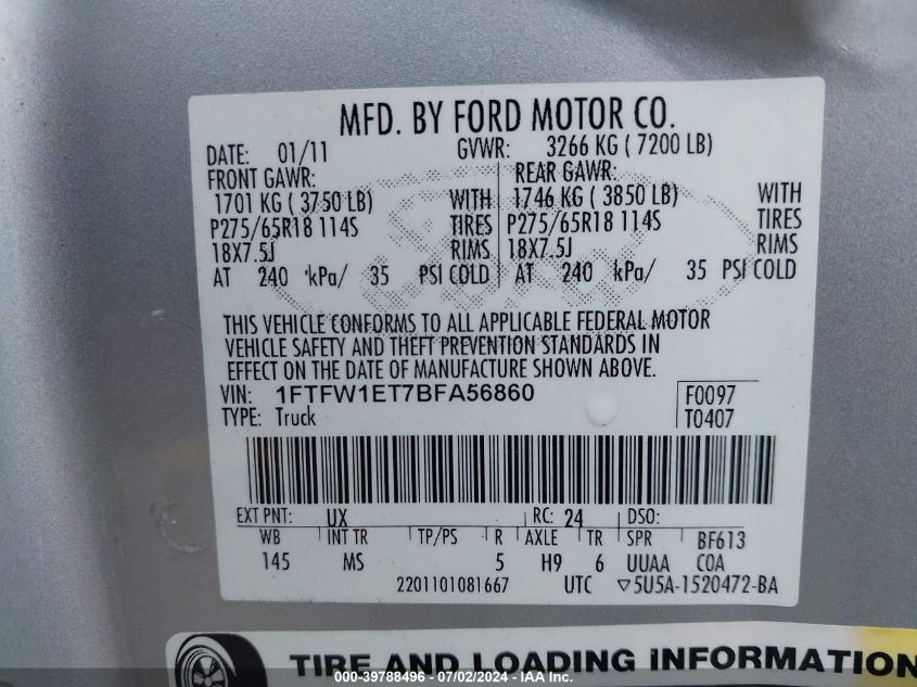 2011 Ford F-150 Xlt VIN: 1FTFW1ET7BFA56860 Lot: 39788496