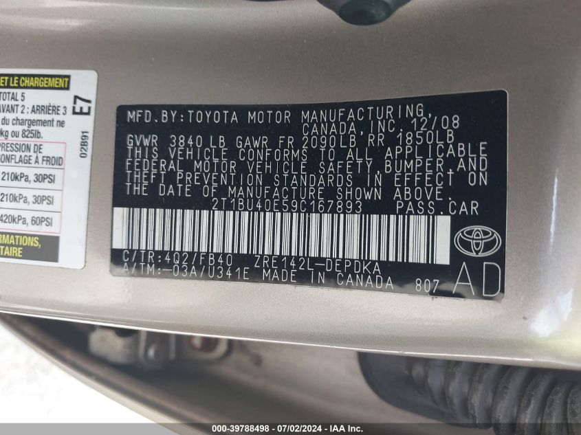 2009 Toyota Corolla Le VIN: 2T1BU40E59C167893 Lot: 39788498