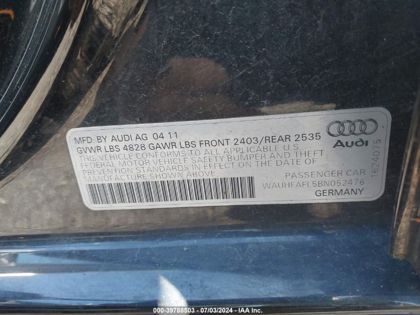 2011 Audi A4 2.0T Premium VIN: WAUHFAFL5BN052476 Lot: 39788503