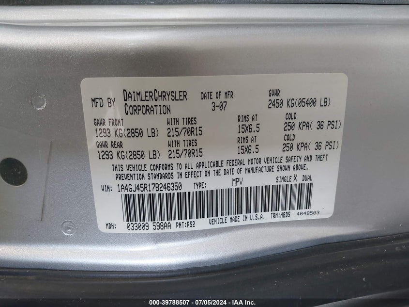 2007 Chrysler Town & Country VIN: 1A4GJ45R17B246350 Lot: 39788507