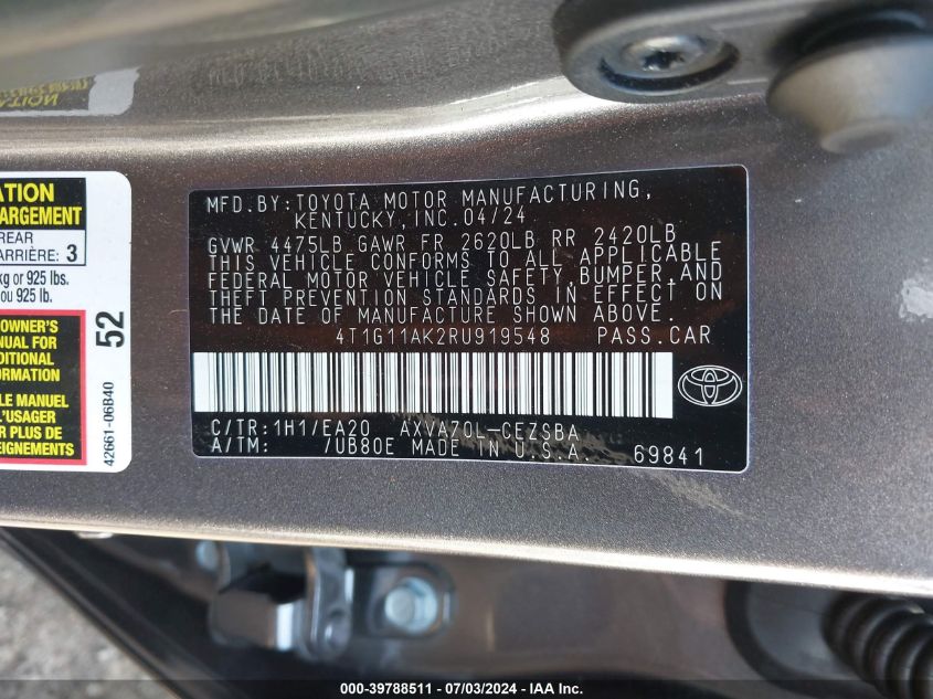 4T1G11AK2RU919548 2024 Toyota Camry Se