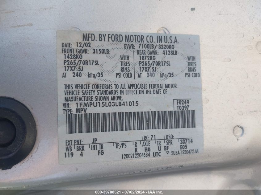 2003 Ford Expedition Xlt VIN: 1FMPU15L03LB41015 Lot: 39788521