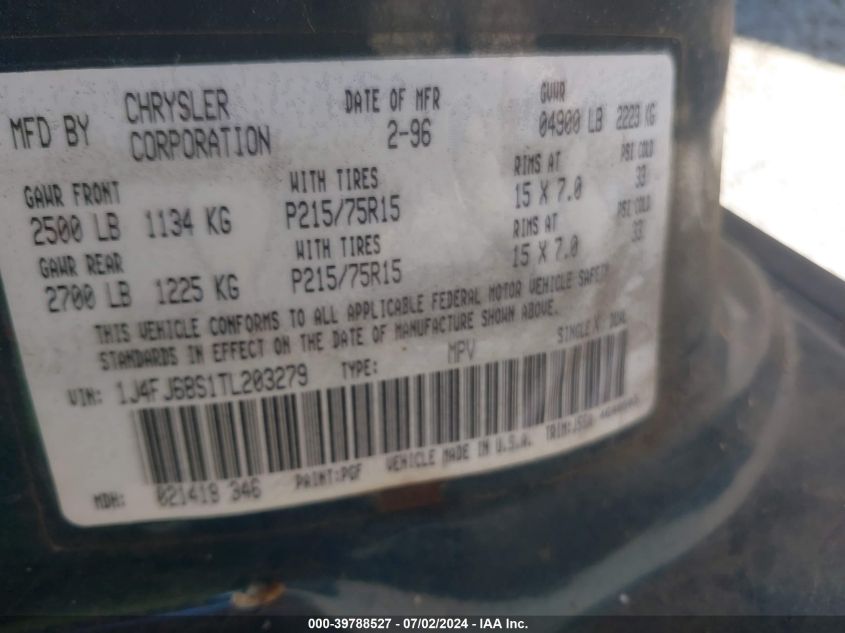 1996 Jeep Cherokee Sport/Classic VIN: 1J4FJ68S1TL203279 Lot: 39788527