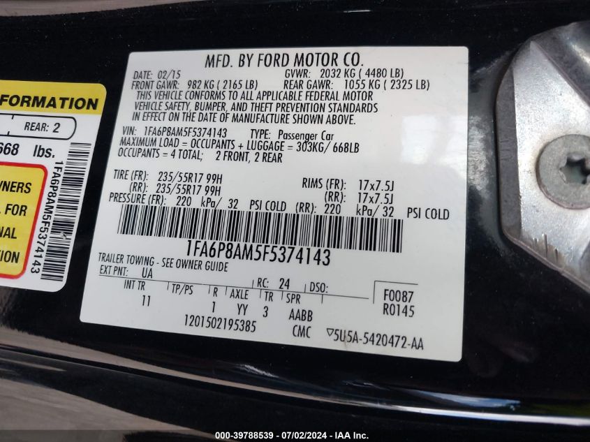 2015 Ford Mustang V6 VIN: 1FA6P8AM5F5374143 Lot: 39788539