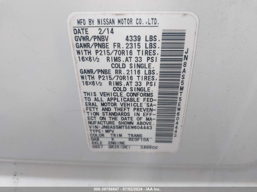 2014 Nissan Rogue Select S VIN: JN8AS5MT5EW604443 Lot: 39788547