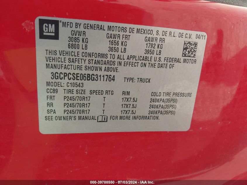 2011 Chevrolet Silverado 1500 Lt VIN: 3GCPCSE06BG311764 Lot: 39788550