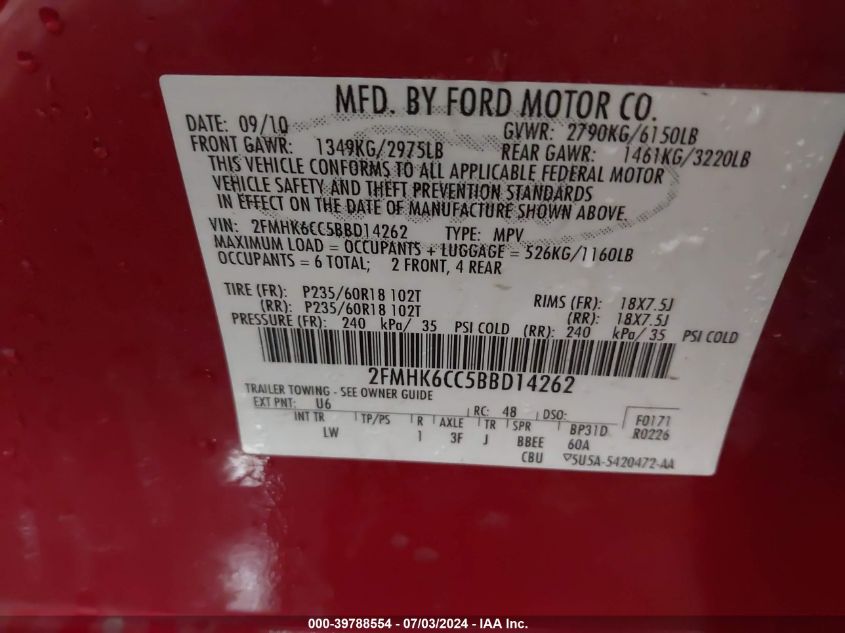 2011 Ford Flex Sel VIN: 2FMHK6CC5BBD14262 Lot: 39788554