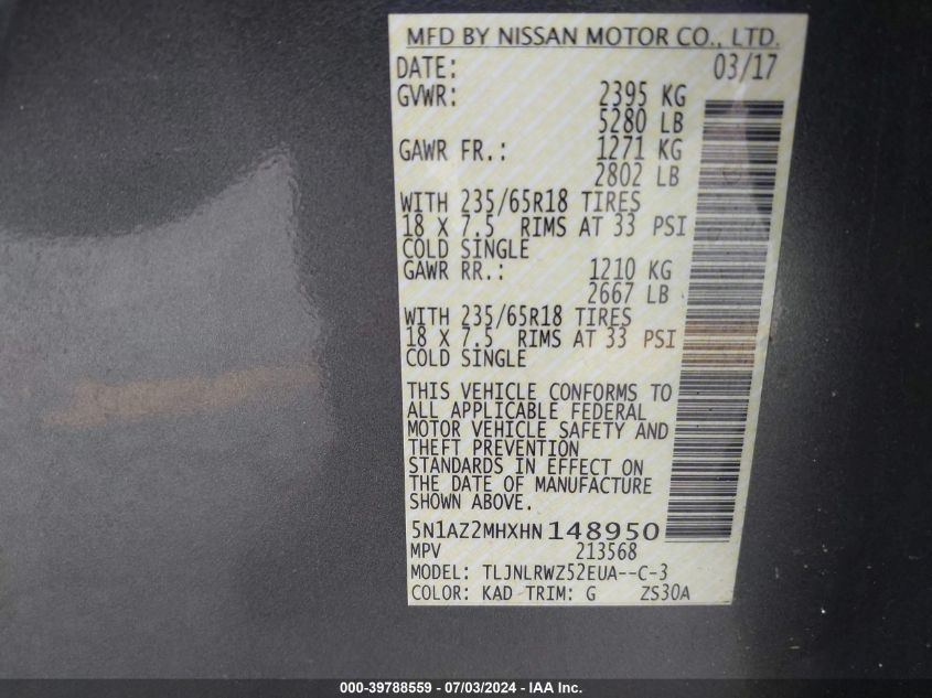 2017 Nissan Murano S/Sl/Sv/Platinum VIN: 5N1AZ2MHXHN148950 Lot: 39788559