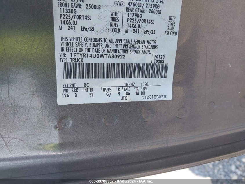 1998 Ford Ranger Splash/Xl/Xlt VIN: 1FTYR14U0WTA0S922 Lot: 39788562