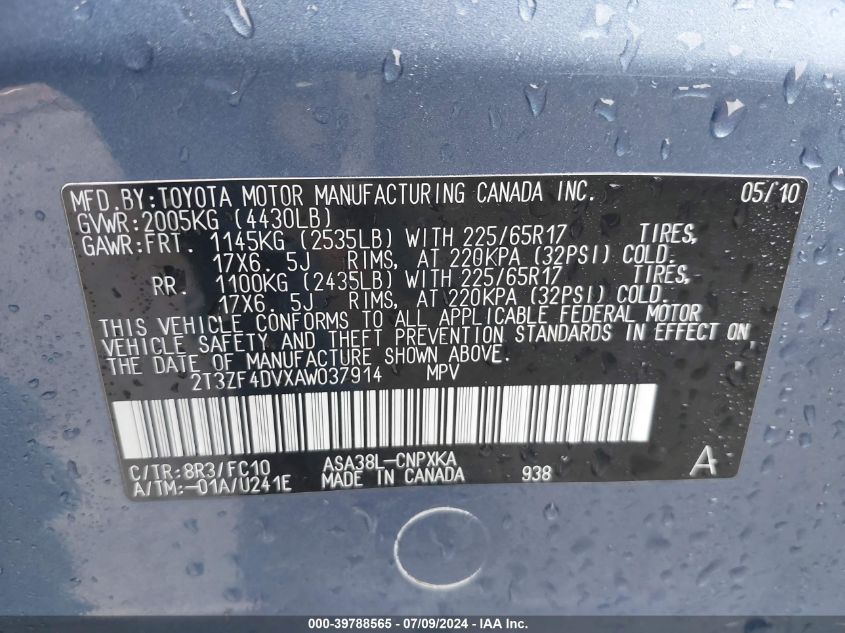 2010 Toyota Rav4 VIN: 2T3ZF4DVXAW037914 Lot: 39788565