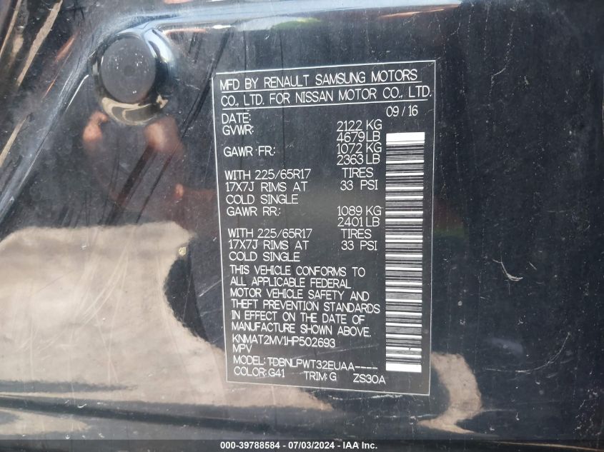 2017 Nissan Rogue S VIN: KNMAT2MV1HP502693 Lot: 39788584