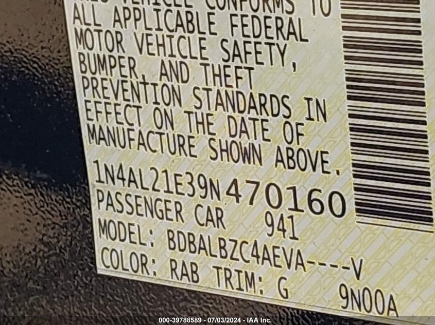 2009 Nissan Altima 2.5 S VIN: 1N4AL21E39N470160 Lot: 39788589