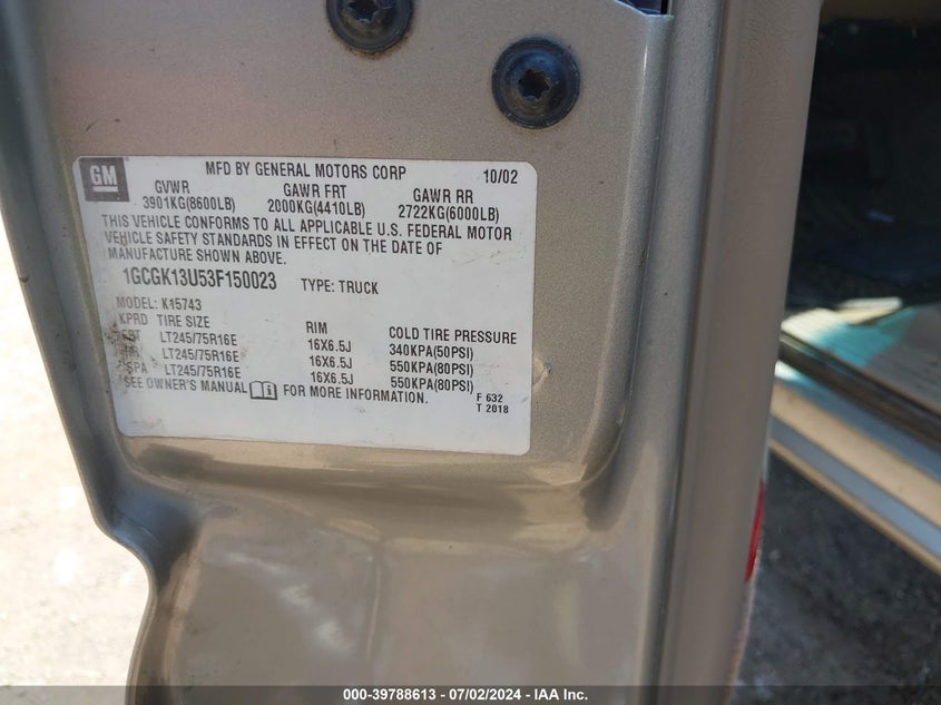 2003 Chevrolet Silverado 1500Hd Ls VIN: 1GCGK13U53F150023 Lot: 39788613