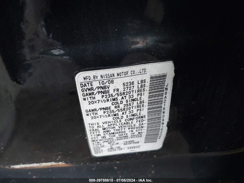 2009 Nissan Murano Le VIN: JN8AZ18W09W160399 Lot: 39788615