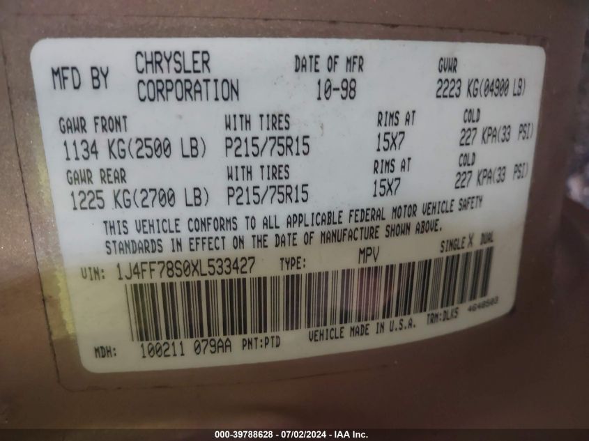 1999 Jeep Cherokee Classic VIN: 1J4FF78S0XL533427 Lot: 39788628