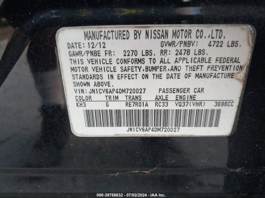 2013 Infiniti G37 Journey/Sport VIN: JN1CV6AP4DM720027 Lot: 39788632