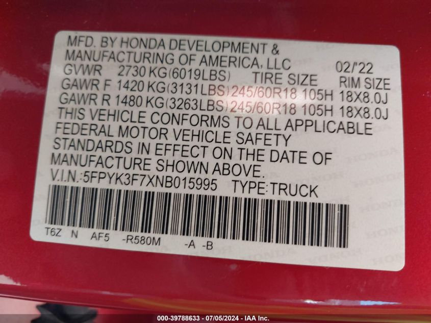 2022 Honda Ridgeline Rtl-E VIN: 5FPYK3F7XNB015995 Lot: 39788633
