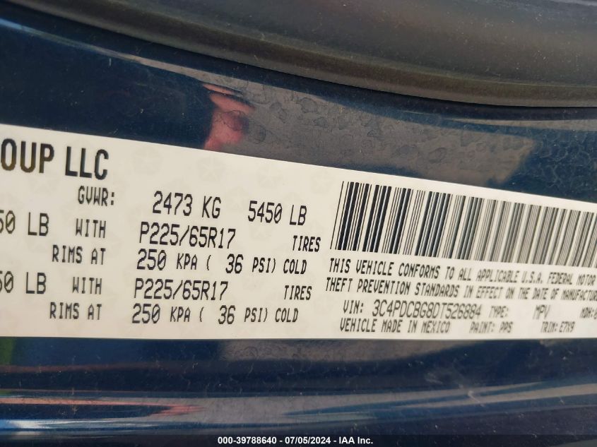 2013 Dodge Journey Sxt VIN: 3C4PDCBG8DT526884 Lot: 39788640